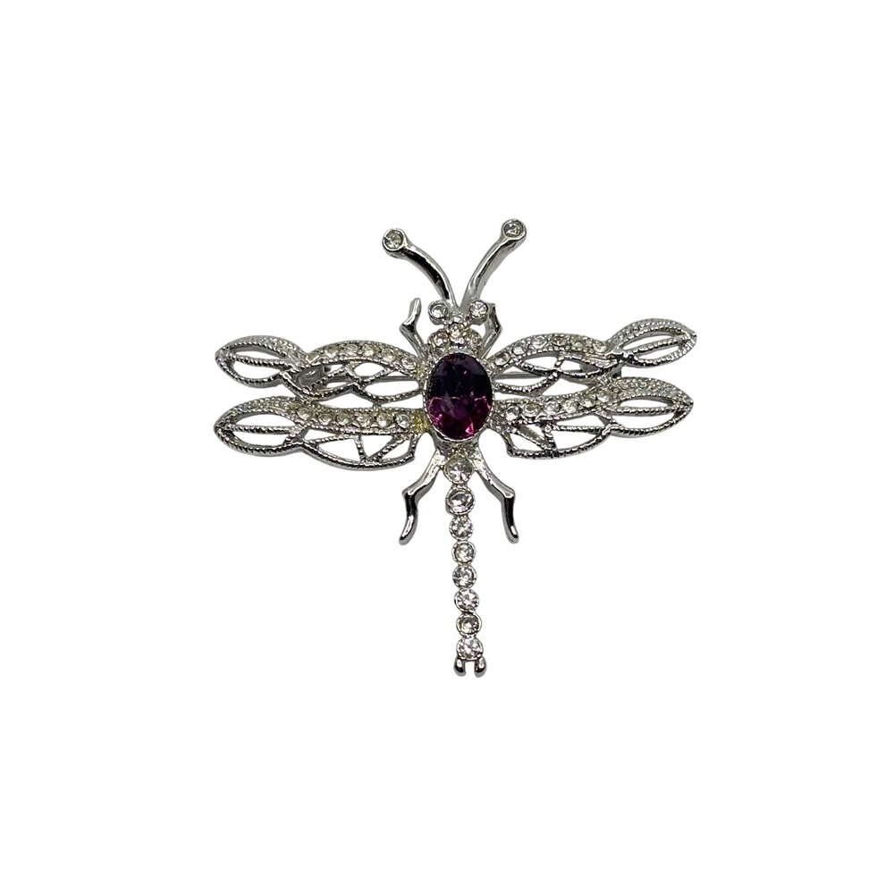 Silver Tone Dragonfly Brooch Purple Rhinestone‎ Crystal Insect Pin